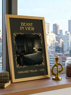 Beast In View Classic Book Art Print by Margaret Millar – framed print on a city-view windowsill