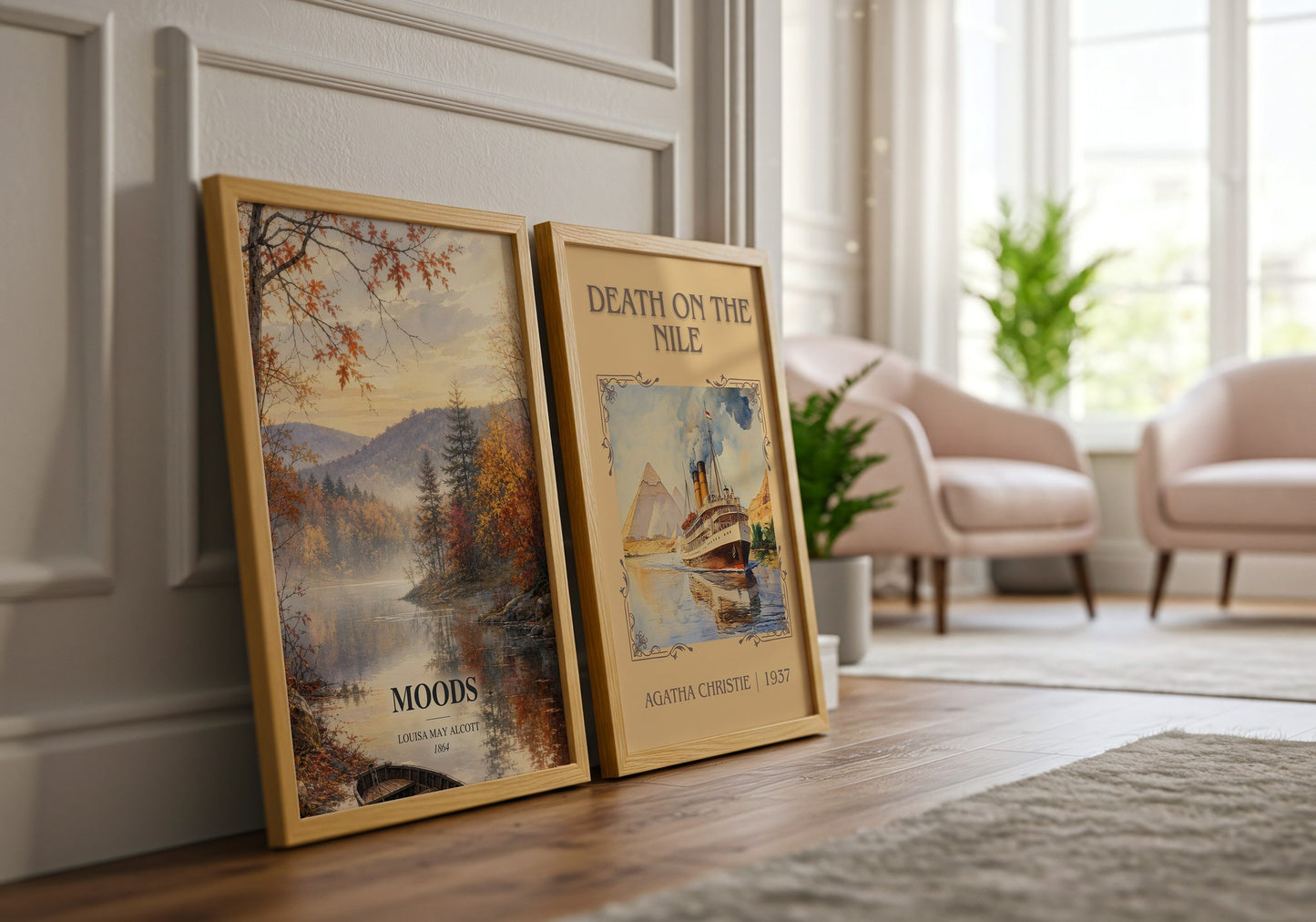 Moods watercolour print framed by window – literary home decor