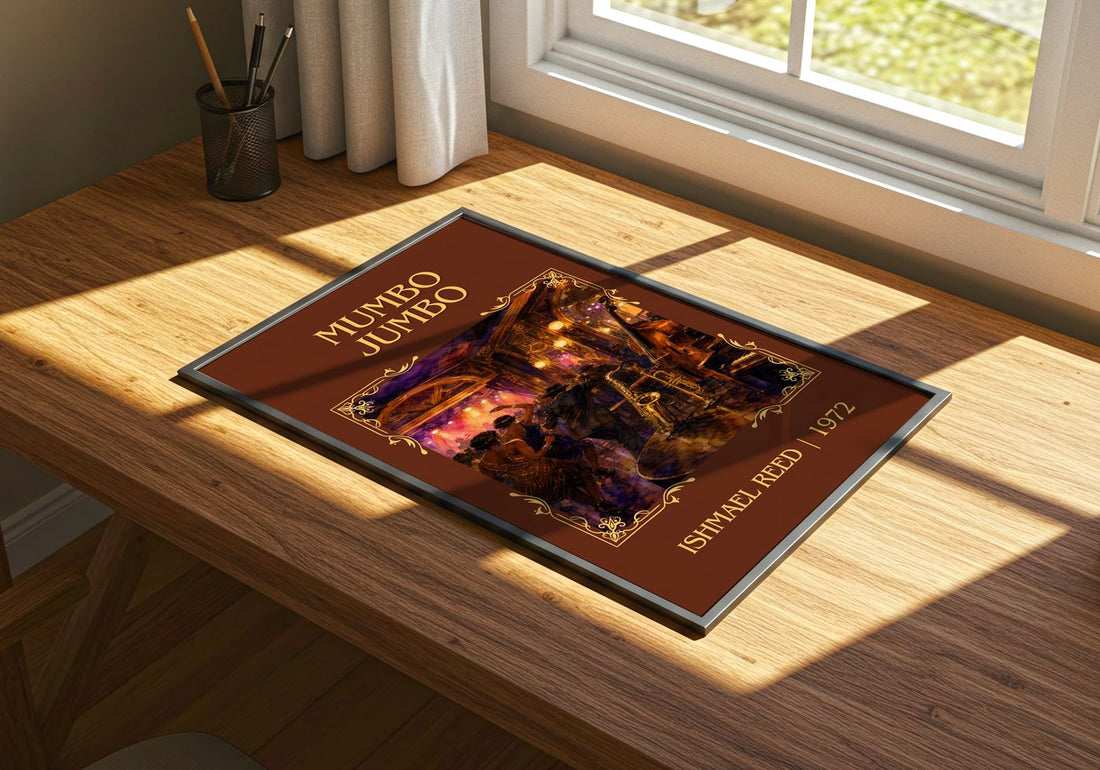 Mumbo Jumbo Classic Book Art Print by Ishmael Reed – print on a sunlit desk