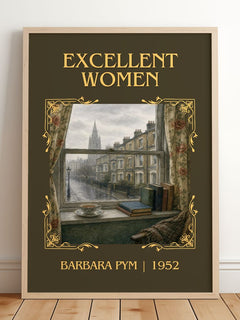 Excellent Women Classic Book Art Print by Barbara Pym – framed print leaning on a wooden floor