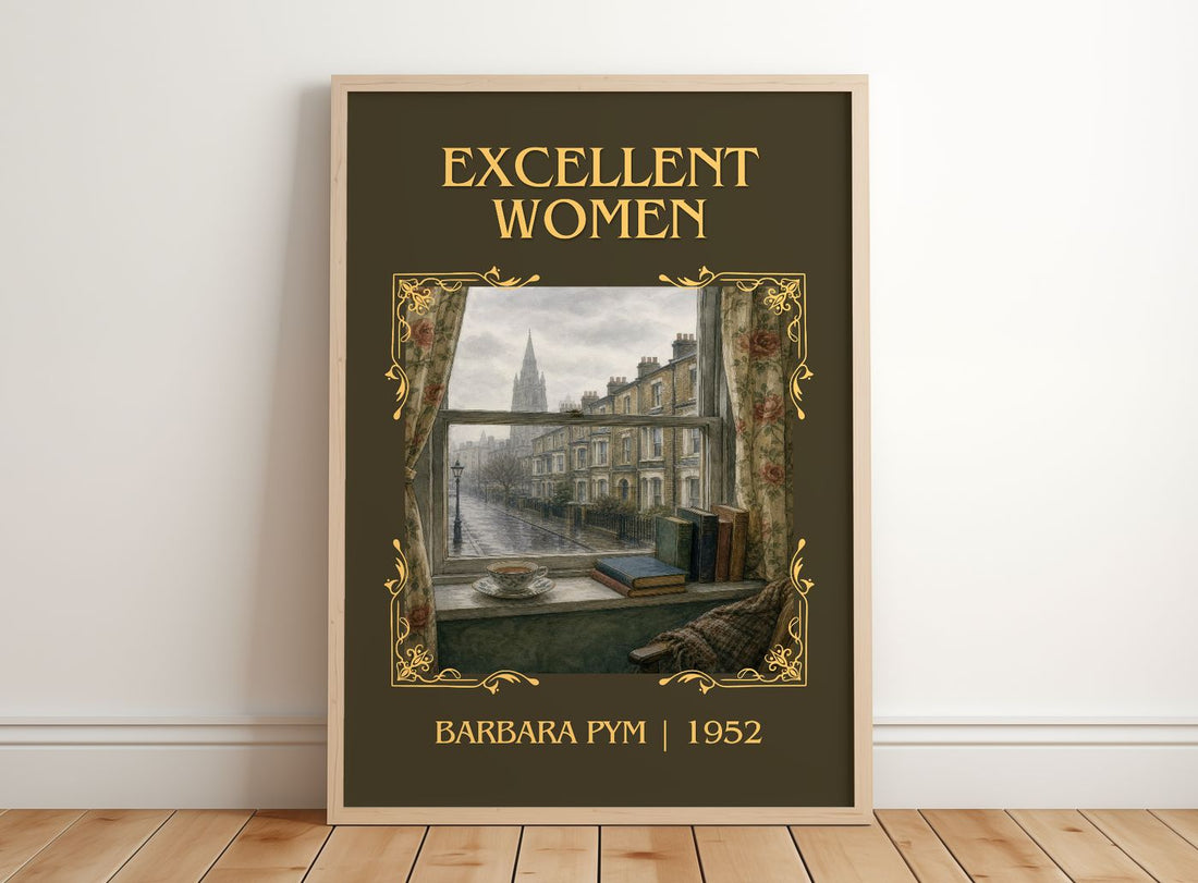 Excellent Women Classic Book Art Print by Barbara Pym – framed print leaning on a wooden floor