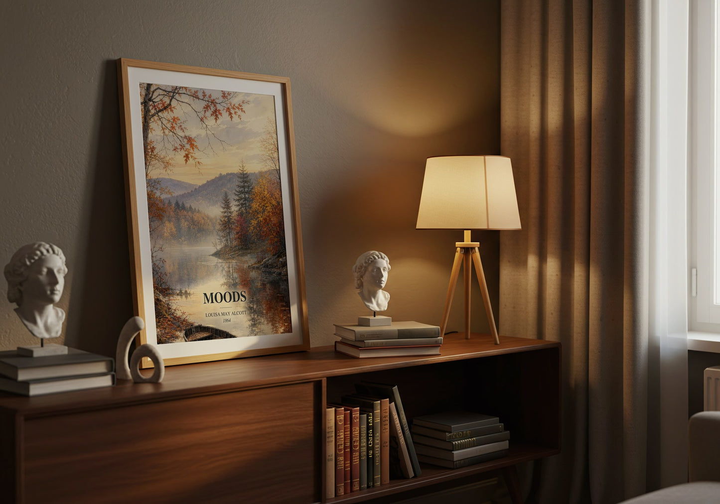 Moods watercolour print on bookshelf – Louisa May Alcott fan gift