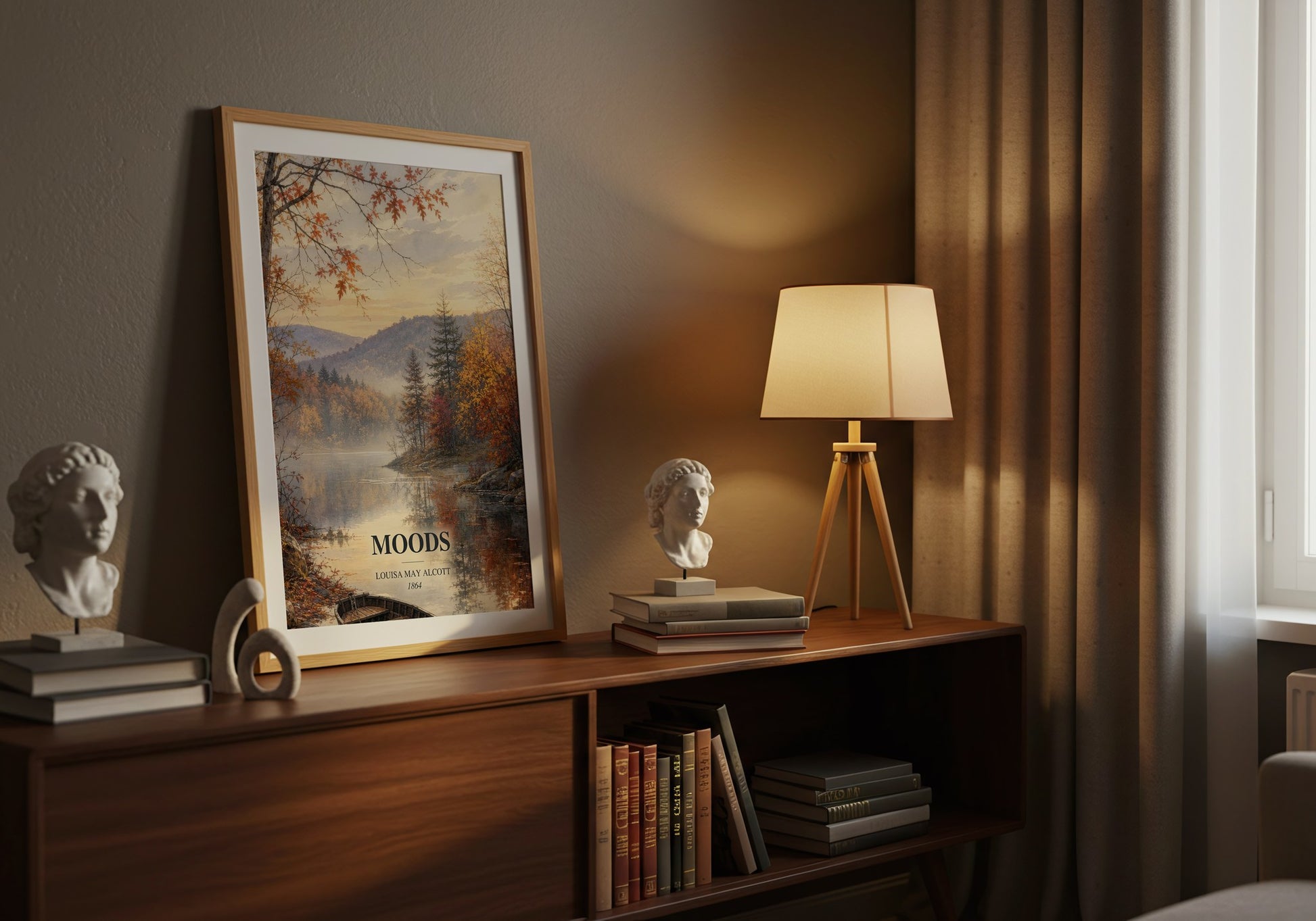 Moods watercolour print on bookshelf – Louisa May Alcott fan gift