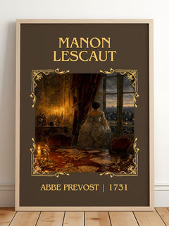 Manon Lescaut Classic Book Art Print by Abbe Prevost – framed print leaning on a wooden floor