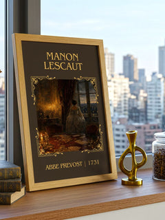 Manon Lescaut Classic Book Art Print by Abbe Prevost – framed print on a city-view windowsill