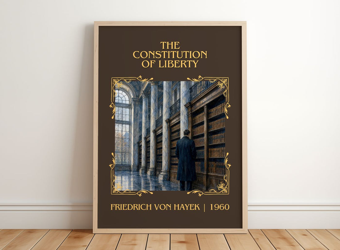 Constitution of Liberty Classic Book Art Print by Friedrich von Hayek – framed print leaning on a wooden floor