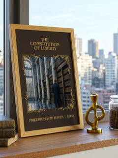 Constitution of Liberty Classic Book Art Print by Friedrich von Hayek – framed print on a city-view windowsill
