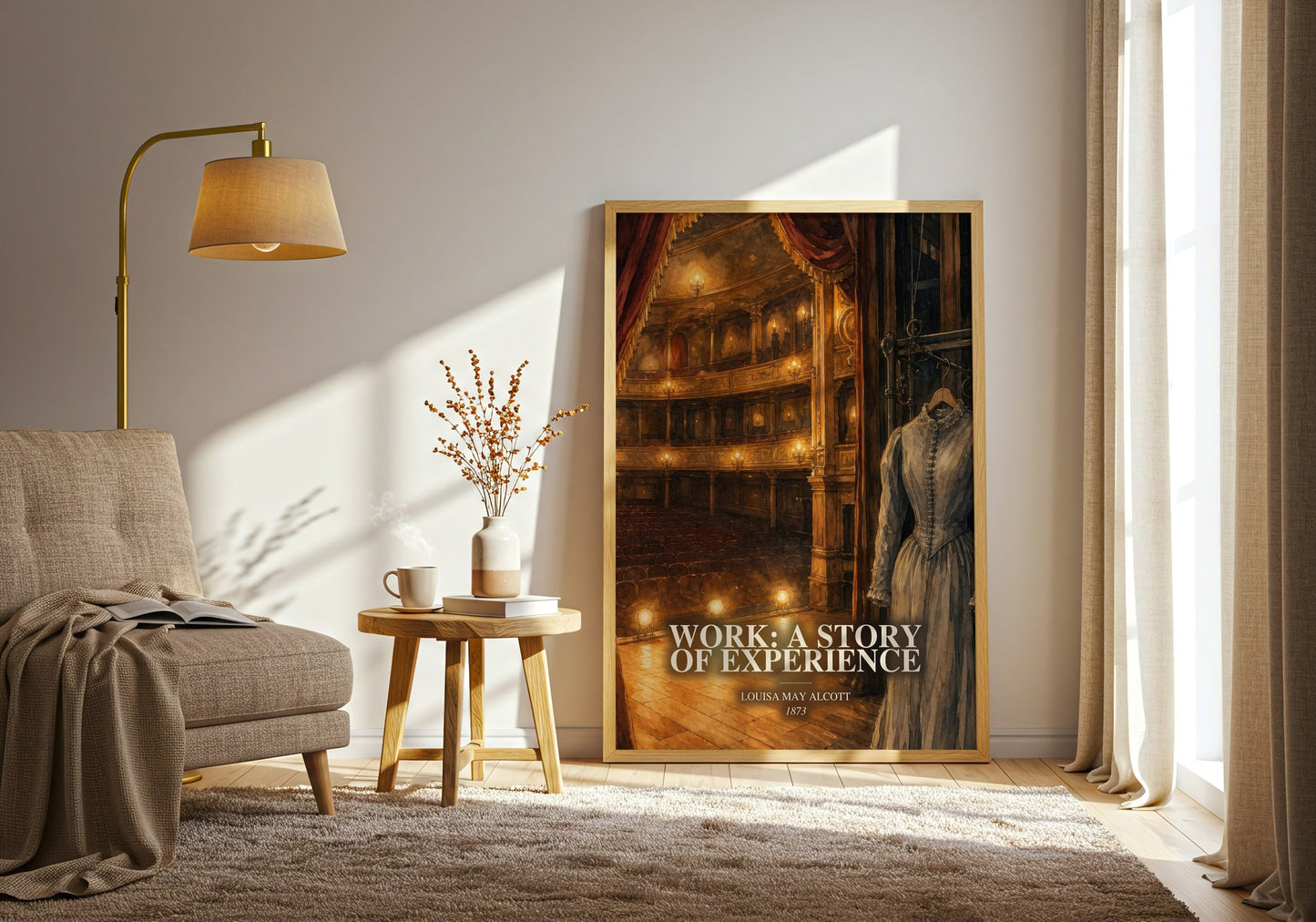 Work: A Story Of Experience watercolour print in frame leaning in hallway – literary fiction wall art