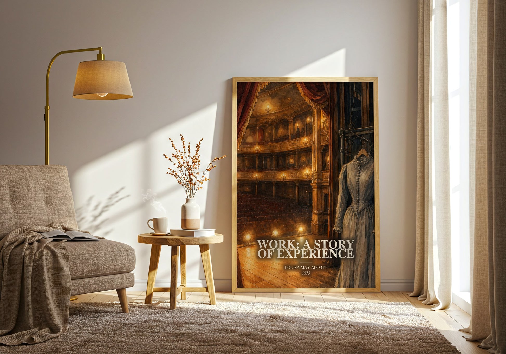 Work: A Story Of Experience watercolour print in frame leaning in hallway – literary fiction wall art