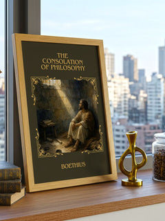 The Consolation of Philosophy Classic Book Art Print by Boethius – framed print on a city-view windowsill