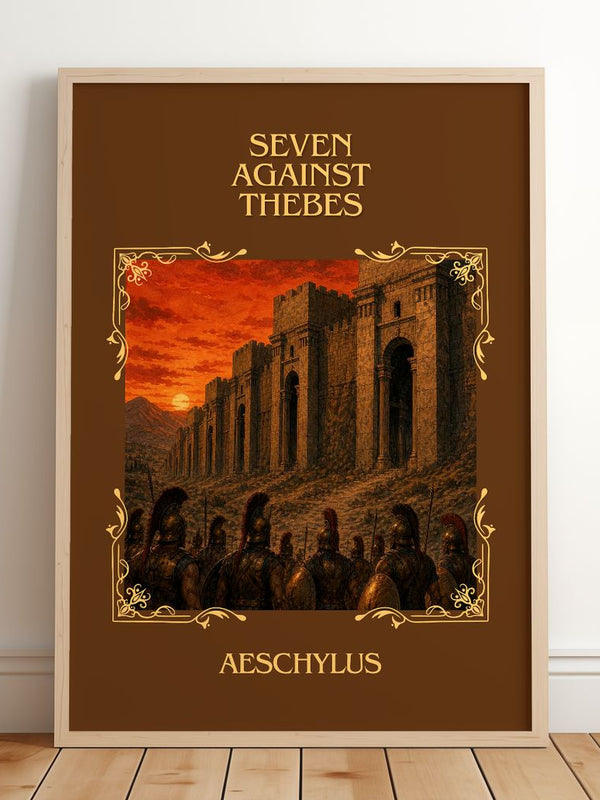 Seven Against Thebes Classic Book Art Print by Aeschylus – framed print leaning on a wooden floor