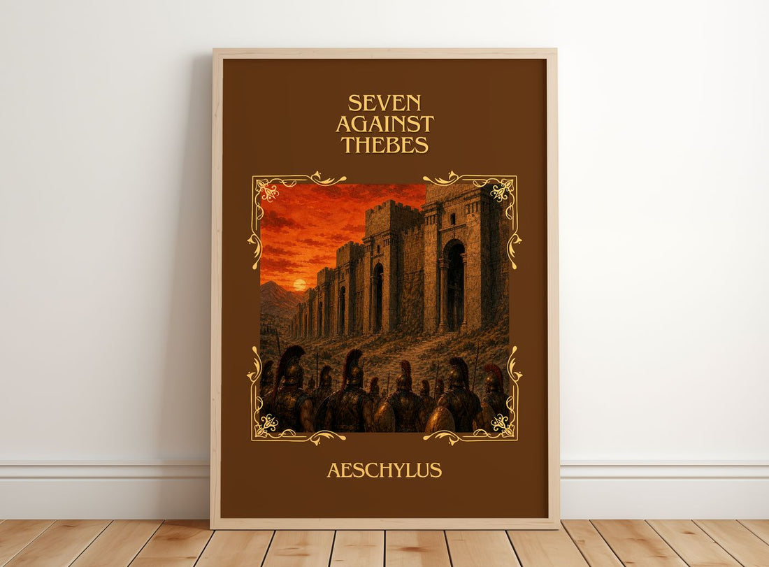 Seven Against Thebes Classic Book Art Print by Aeschylus – framed print leaning on a wooden floor