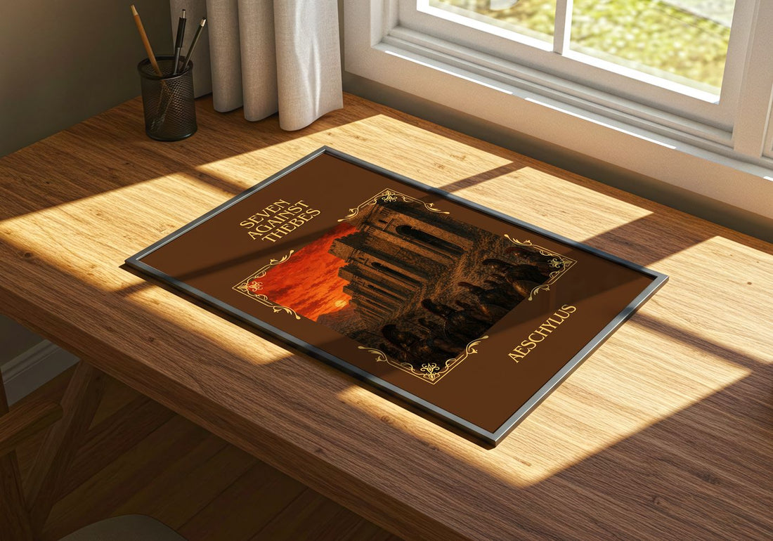 Seven Against Thebes Classic Book Art Print by Aeschylus – print on a sunlit desk