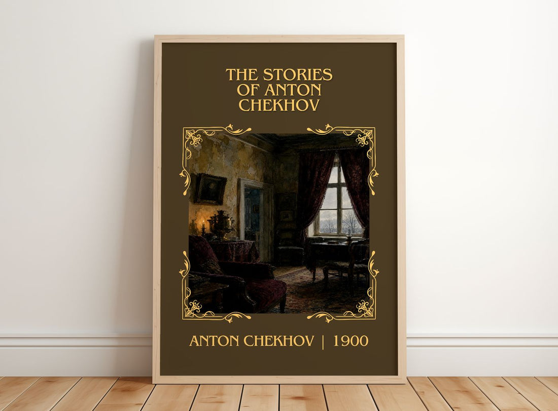 The Stories of Anton Chekhov Classic Book Art Print by Anton Chekhov – framed print leaning on a wooden floor