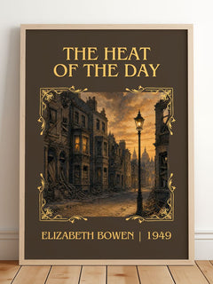 The Heat of the Day Classic Book Art Print by Elizabeth Bowen – framed print leaning on a wooden floor