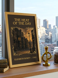 The Heat of the Day Classic Book Art Print by Elizabeth Bowen – framed print on a city-view windowsill