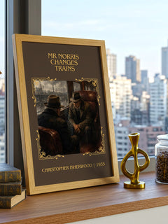 Mr Norris Changes Trains Classic Book Art Print by C. Isherwood – framed print on a city-view windowsill