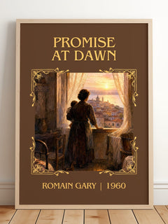Promise at Dawn Classic Book Art Print by Romain Gary – framed print leaning on a wooden floor