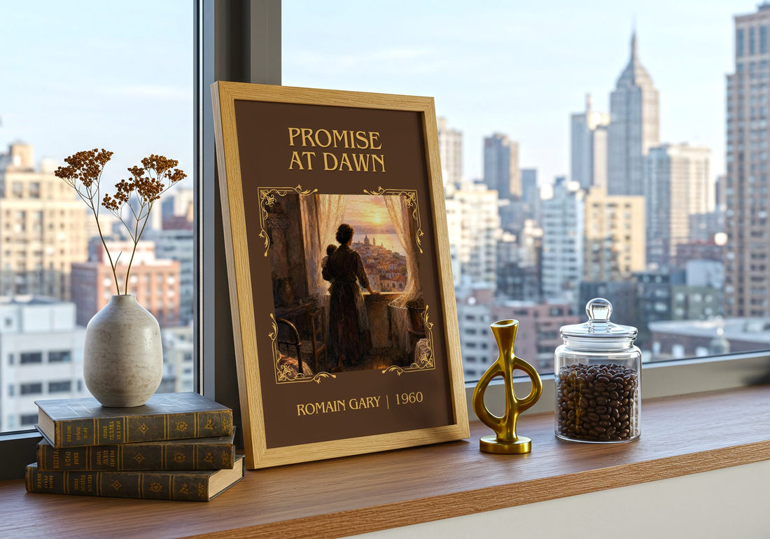Promise at Dawn Classic Book Art Print by Romain Gary – framed print on a city-view windowsill