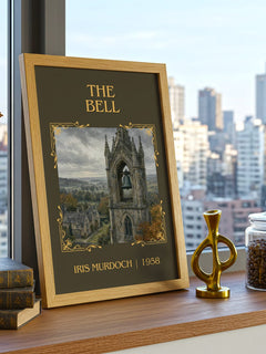 The Bell Classic Book Art Print by Iris Murdoch – framed print on a city-view windowsill