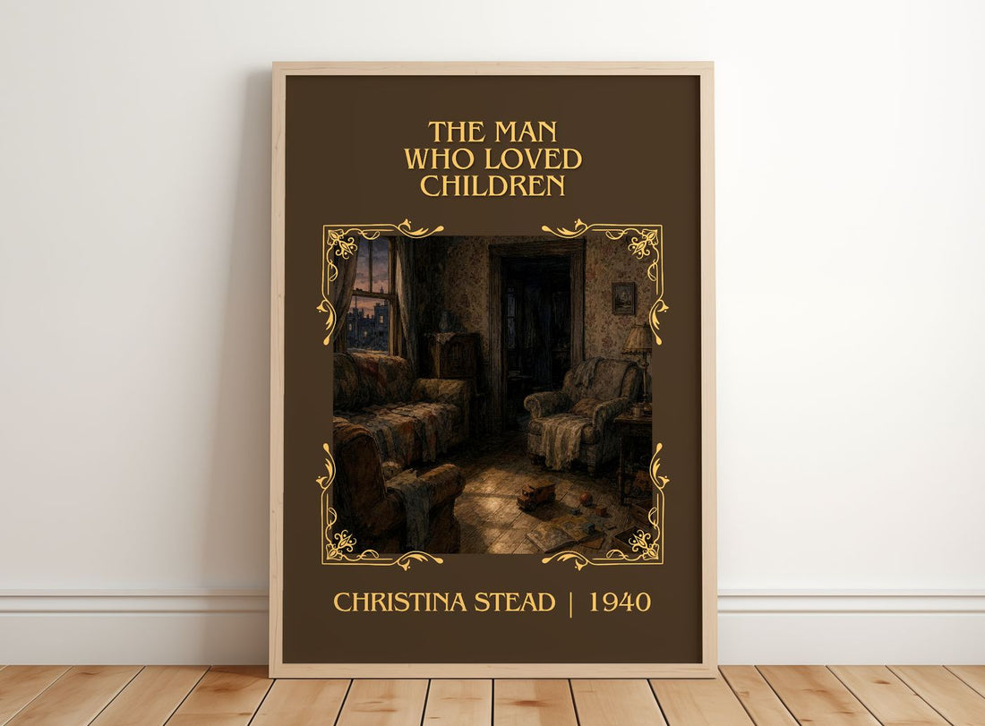 The Man Who Loved Children Classic Book Art Print by Christina Stead – framed print leaning on a wooden floor