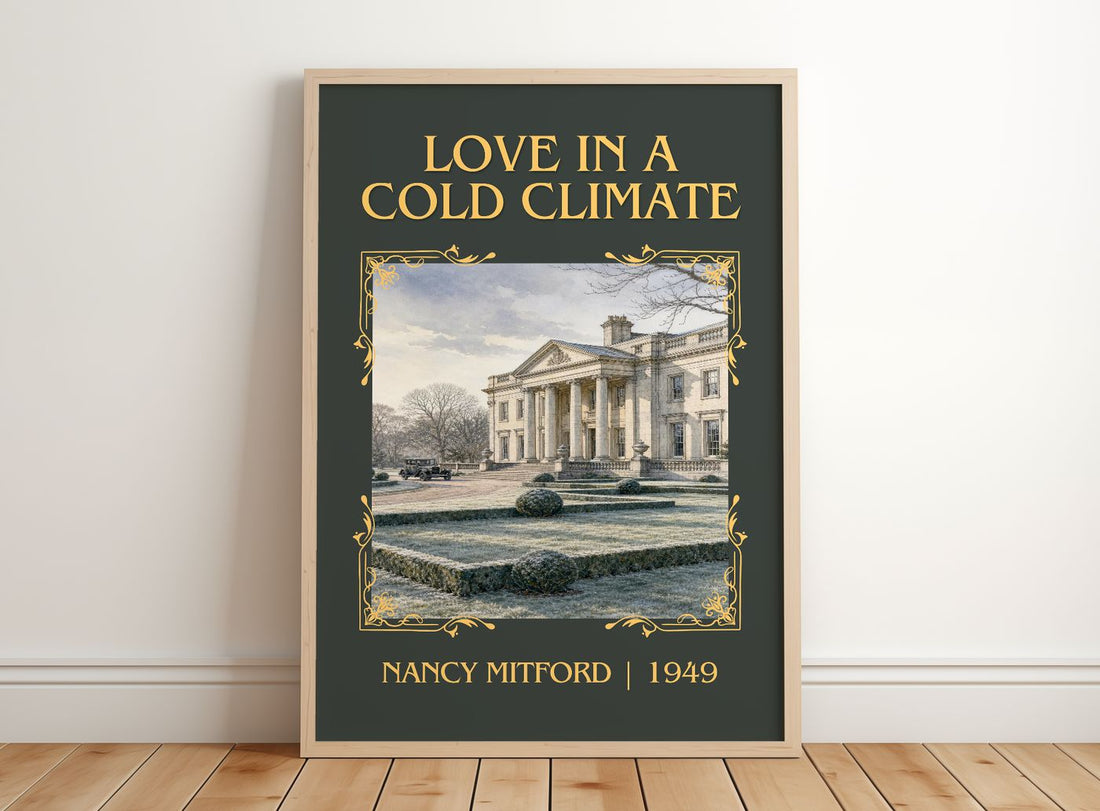 Love in a Cold Climate Classic Book Art Print by Nancy Mitford – framed print leaning on a wooden floor