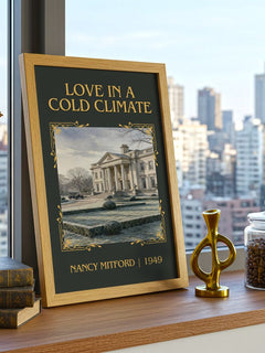 Love in a Cold Climate Classic Book Art Print by Nancy Mitford – framed print on a city-view windowsill
