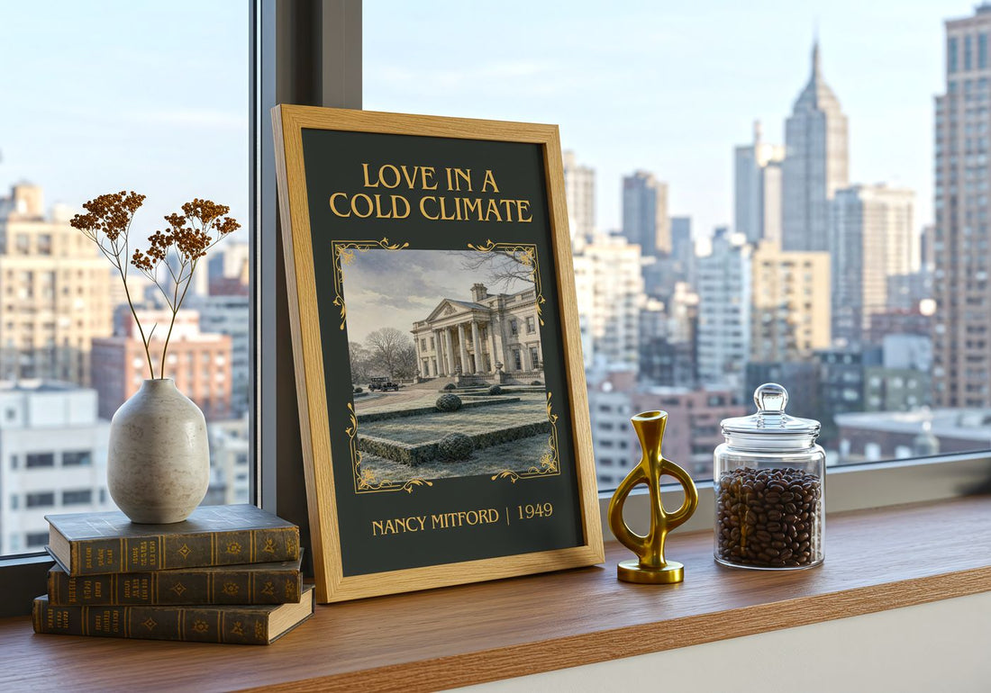 Love in a Cold Climate Classic Book Art Print by Nancy Mitford – framed print on a city-view windowsill