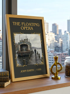 The Floating Opera Classic Book Art Print by John Barth – framed print on a city-view windowsill