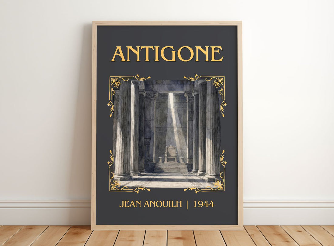 Antigone Classic Book Art Print by Jean Anouilh – framed print leaning on a wooden floor