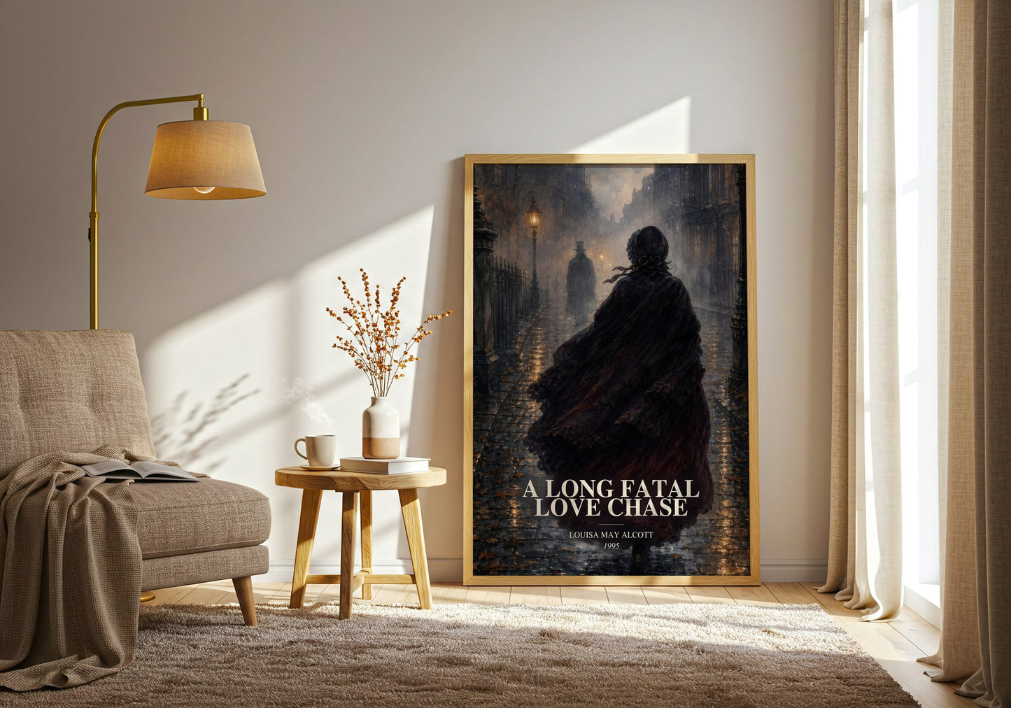 A Long Fatal Love Chase watercolour print in frame leaning in hallway – gothic wall art