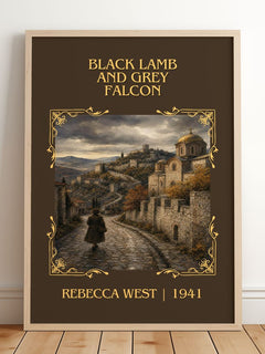 Black Lamb and Grey Falcon Classic Book Art Print by Rebecca West – framed print leaning on a wooden floor