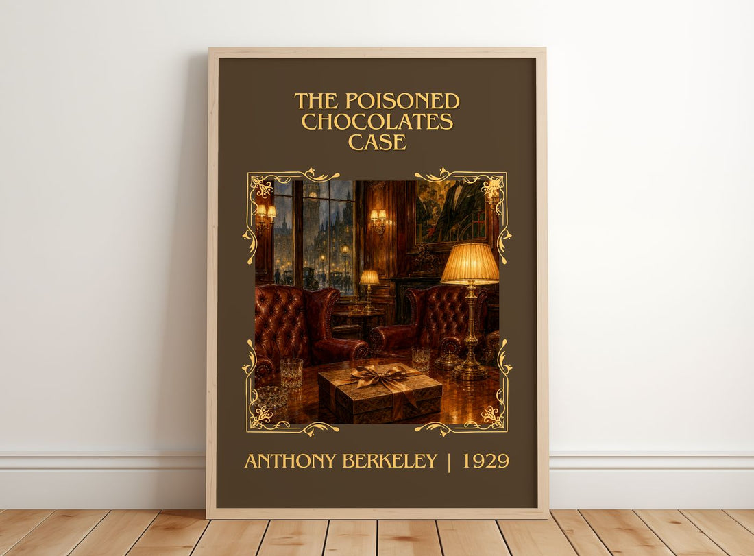 Poisoned Chocolates Case Classic Book Art Print by Anthony Berkeley – framed print leaning on a wooden floor