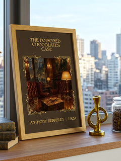Poisoned Chocolates Case Classic Book Art Print by Anthony Berkeley – framed print on a city-view windowsill