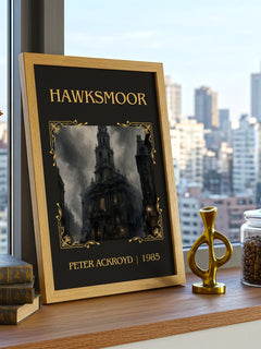 Hawksmoor Classic Book Art Print by Peter Ackroyd – framed print on a city-view windowsill