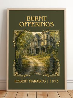 Burnt Offerings Classic Book Art Print by Robert Marasco – framed print leaning on a wooden floor