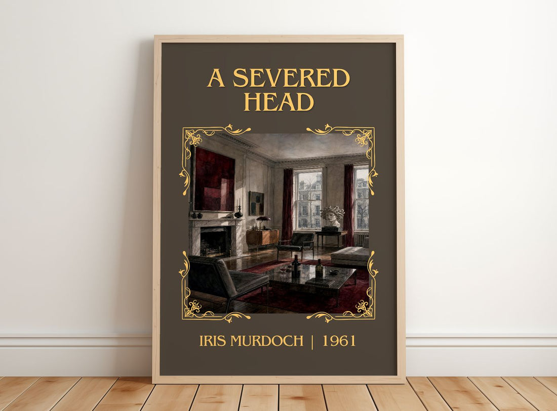 A Severed Head Classic Book Art Print by Iris Murdoch – framed print leaning on a wooden floor