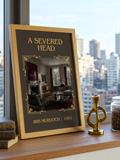 A Severed Head Classic Book Art Print by Iris Murdoch – framed print on a city-view windowsill