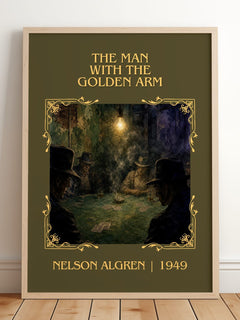 The Man with the Golden Arm Classic Book Art Print by Nelson Algren – framed print leaning on a wooden floor