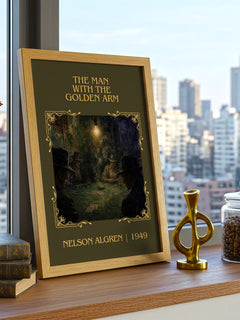The Man with the Golden Arm Classic Book Art Print by Nelson Algren – framed print on a city-view windowsill