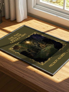 The Man with the Golden Arm Classic Book Art Print by Nelson Algren – print on a sunlit desk