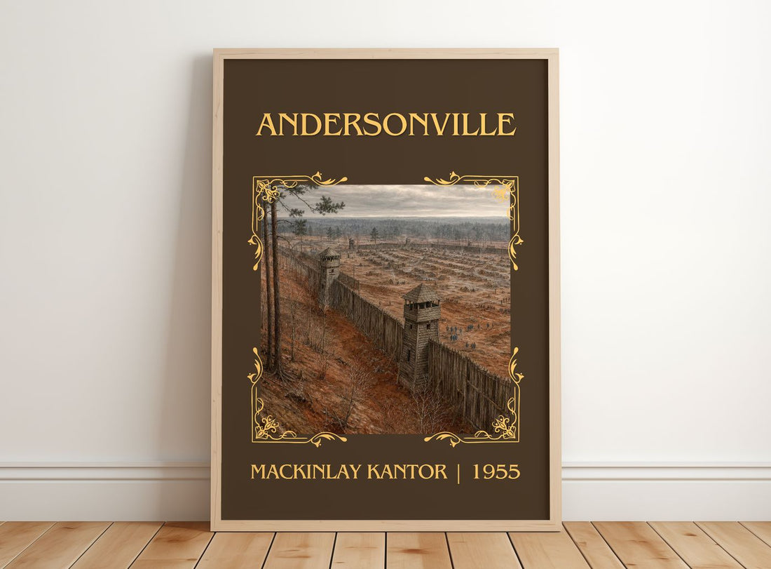 Andersonville Classic Book Art Print by MacKinlay Kantor – framed print leaning on a wooden floor