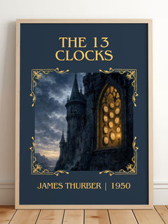 The 13 Clocks Classic Book Art Print by James Thurber – framed print leaning on a wooden floor