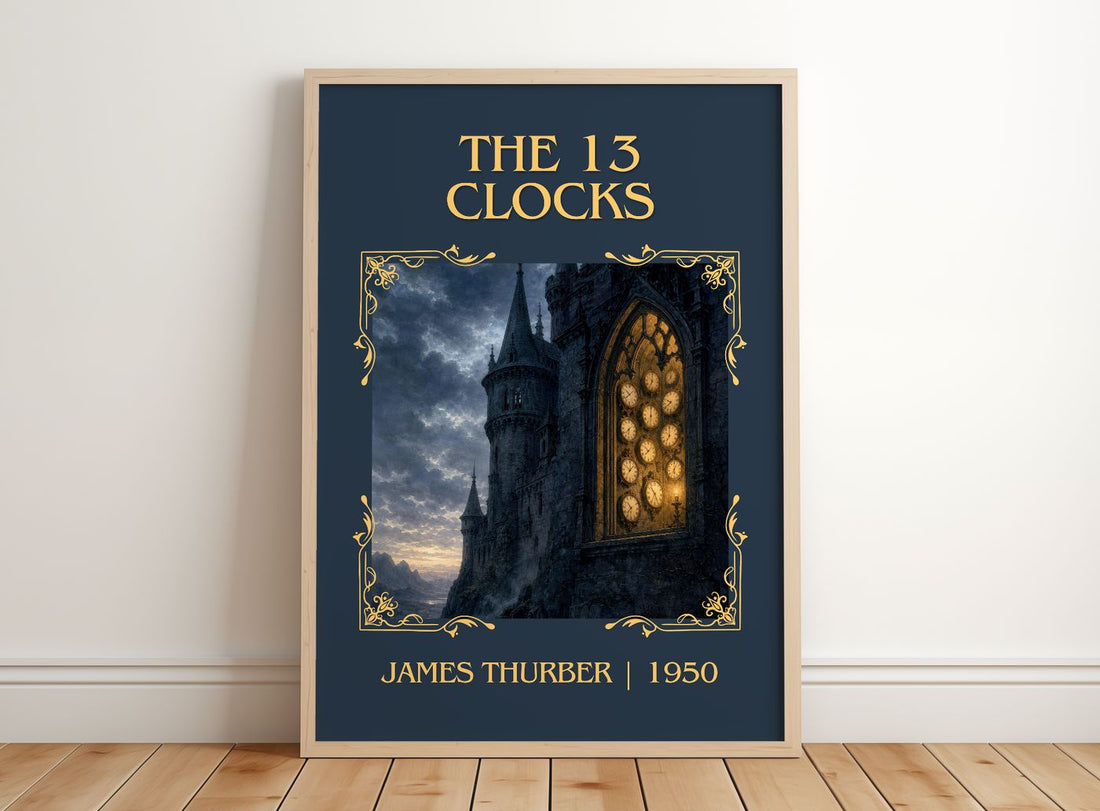 The 13 Clocks Classic Book Art Print by James Thurber – framed print leaning on a wooden floor