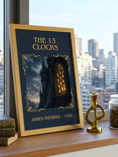 The 13 Clocks Classic Book Art Print by James Thurber – framed print on a city-view windowsill