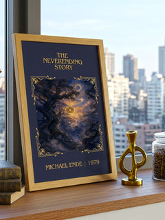 The Neverending Story Classic Book Art Print by Michael Ende – framed print on a city-view windowsill