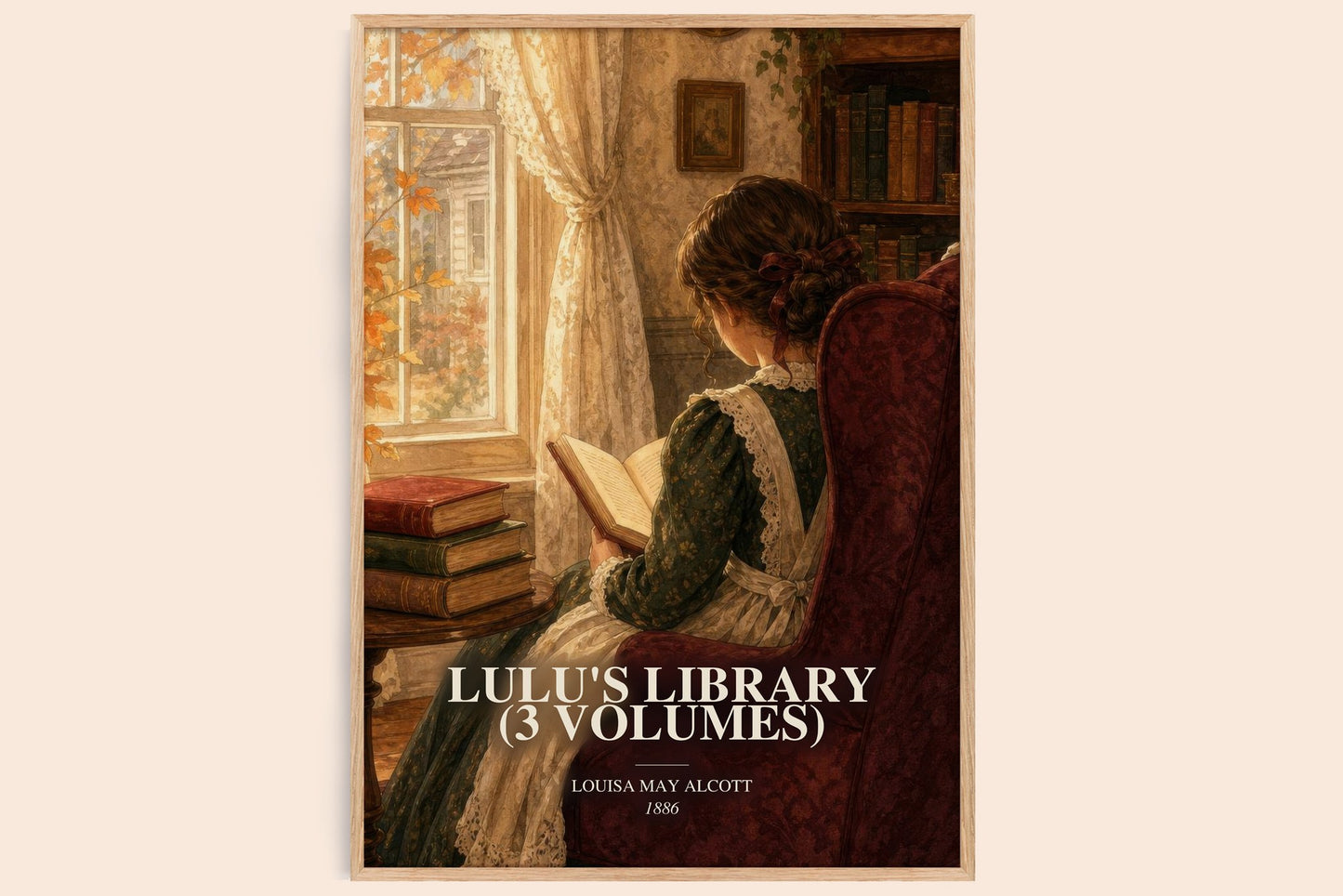Lulu'S Library (3 Volumes) watercolour book poster by Louisa May Alcott – framed literary art print