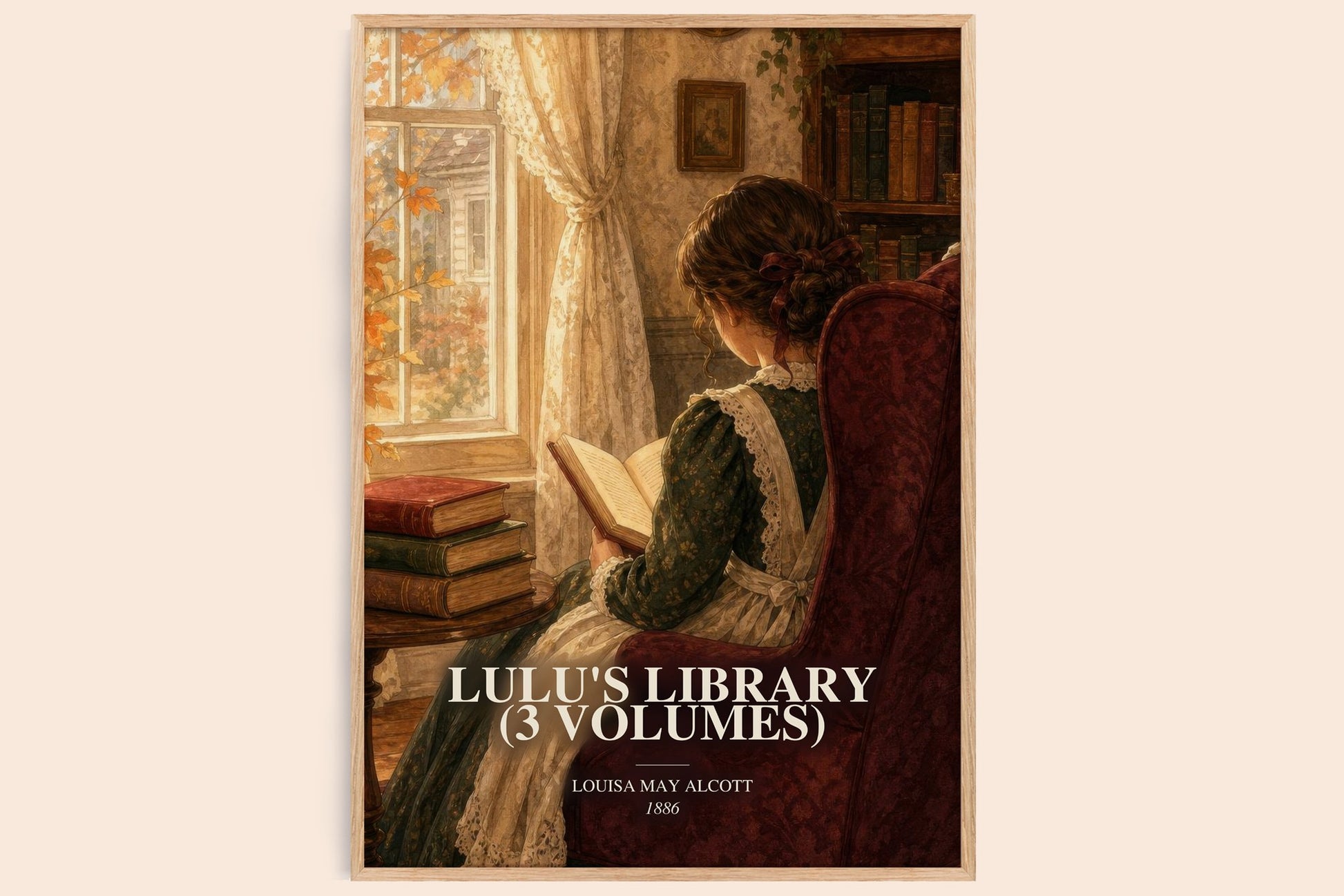 Lulu'S Library (3 Volumes) watercolour book poster by Louisa May Alcott – framed literary art print