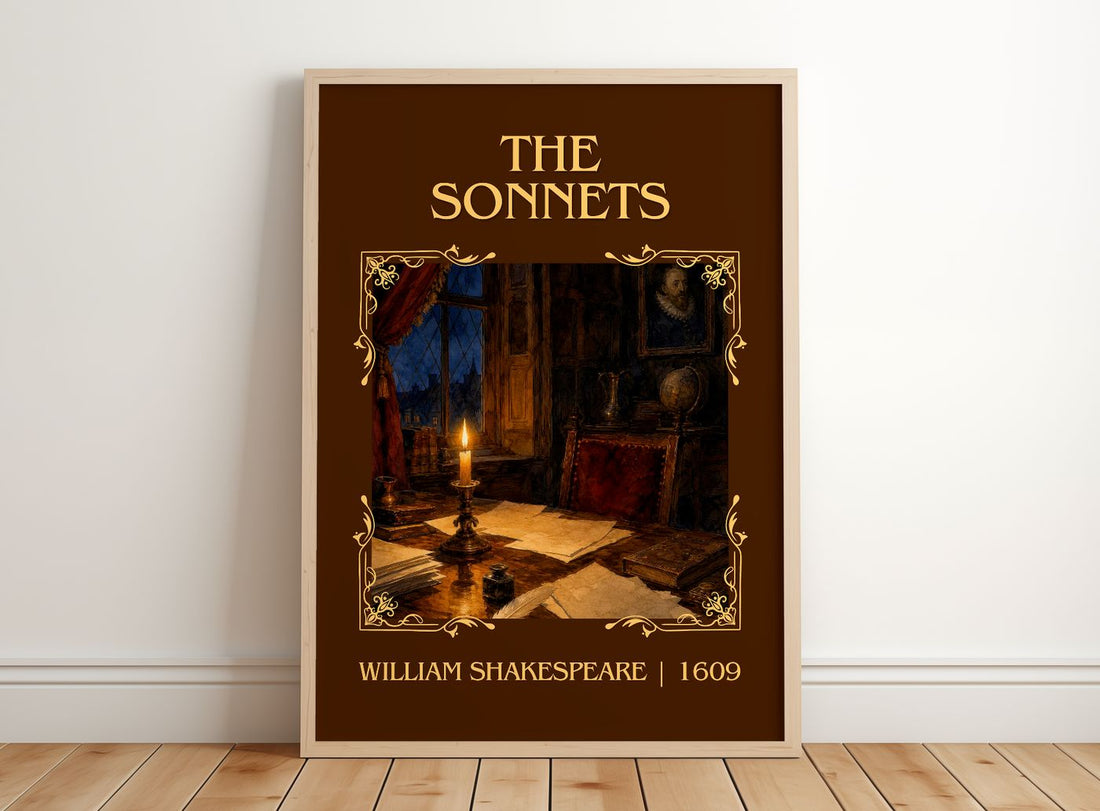 The Sonnets Classic Book Art Print by William Shakespeare – framed print leaning on a wooden floor