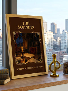 The Sonnets Classic Book Art Print by William Shakespeare – framed print on a city-view windowsill